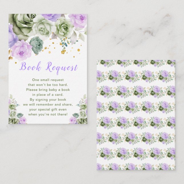 Green and Purple Floral Baby Shower Book Request Enclosure Card (Front/Back)