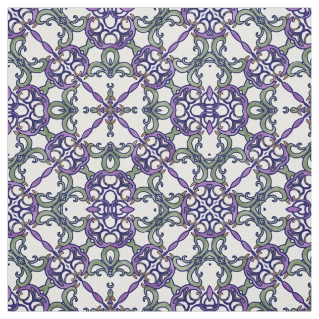 Green and Purple Floral Damask Pattern Fabric (Swatch)