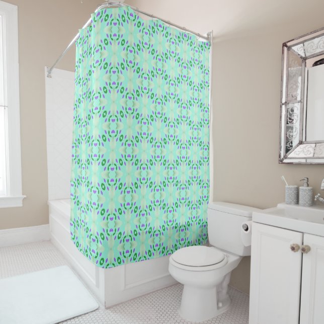 Green and Purple Geometric Flower Petals Shower Curtain (In Situ)