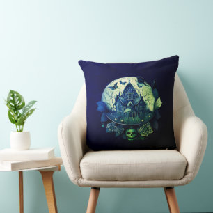 Green and  Purple Gothic Haunted House Cushion