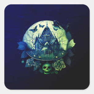 Green and  Purple Gothic Haunted House Square Sticker