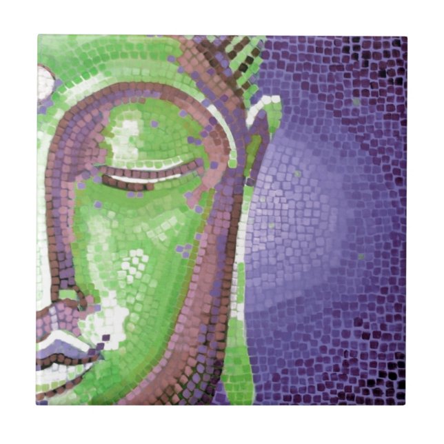 Green and Purple Mosaic Buddha Face Ceramic Tile (Front)
