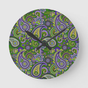 Green and Purple Paisley Round Clock