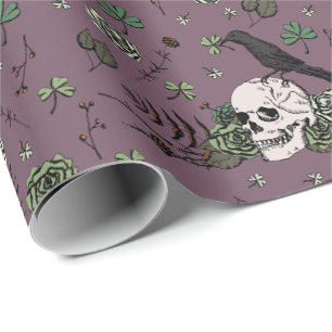 Green and Purple Skull Pattern St Patricks Goth Wrapping Paper