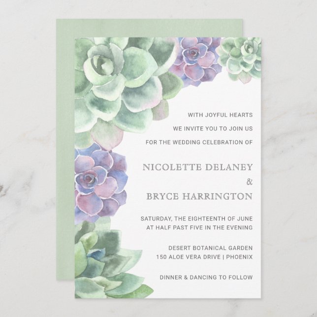 Green and Purple Succulents Modern Wedding Invitation (Front/Back)