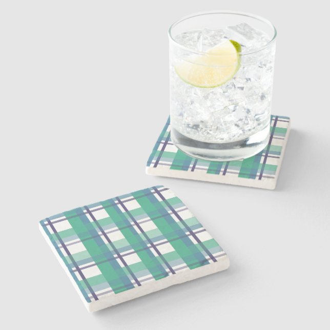 Green And Purple Tartan Pattern Stone Coaster (Side)