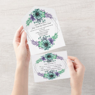 Green And Purple Watercolor Floral Wedding All In One Invitation