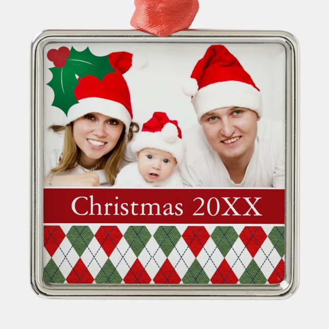 Green and Red Argyle Custom Photo Metal Ornament (Front)