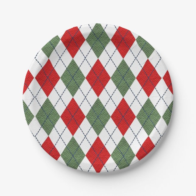 Green and Red Argyle Pattern Paper Plate (Front)