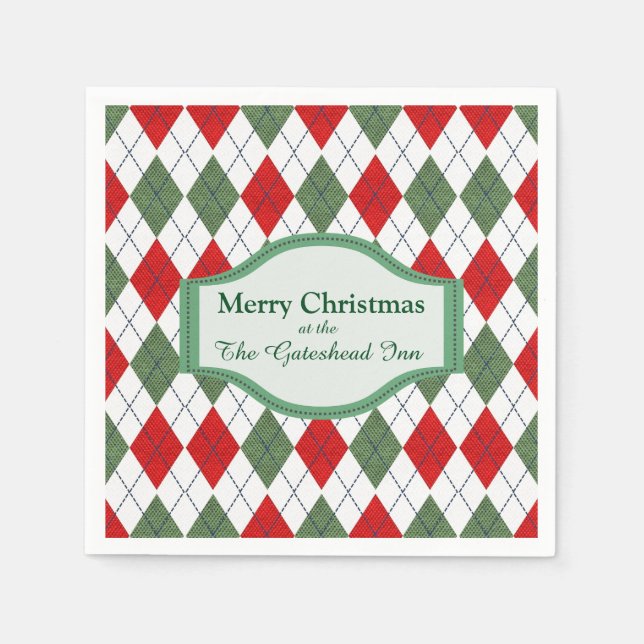 Green and Red Argyle Pattern Personalised Napkin (Front)