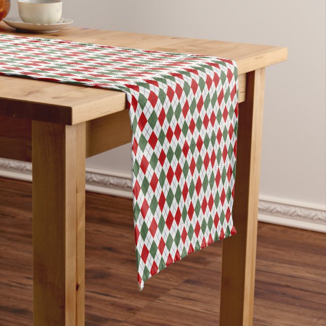 Green and Red Argyle Pattern Short Table Runner (In Situ)