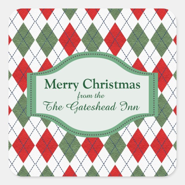 Green and Red Argyle Personalised Square Sticker (Front)