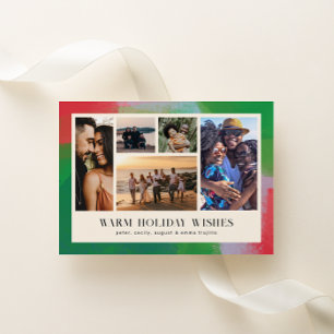 Green and Red Artful Painted Frame and Five Photo Holiday Card