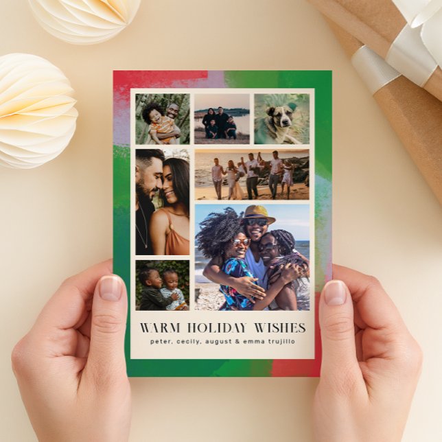 Green and Red Artful Painted Frame and Seven Photo Holiday Card (Creator Uploaded)