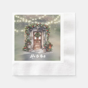 Green and Red Berry Decorated Light Door Christmas Napkin