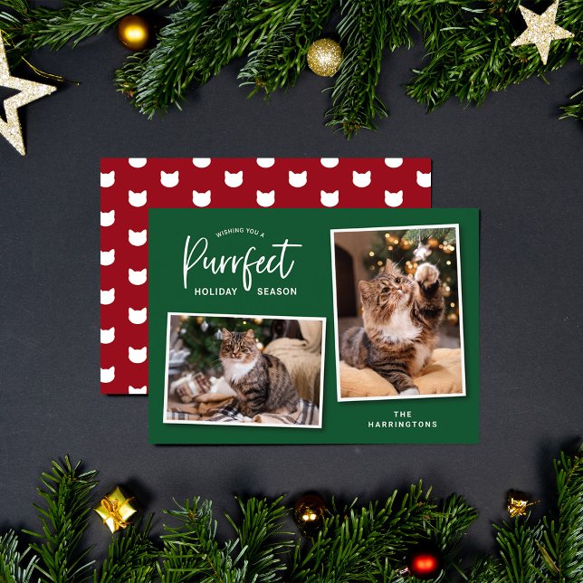 Green and Red Cat Face Purrfect Holiday Photo Card (Creator Uploaded)