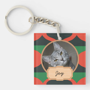 green and red christmas holiday Custom cat Photo Key Ring