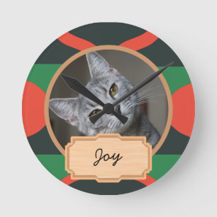 green and red christmas holiday Custom cat Photo Round Clock