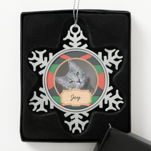 green and red christmas holiday Custom cat Photo   Snowflake Pewter Christmas Ornament (Box)