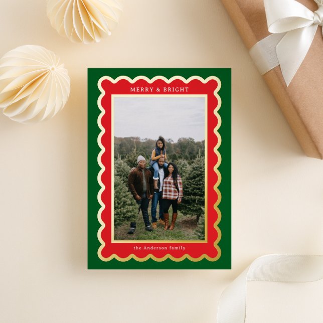 Green and Red Classic Christmas Scalloped Photo Foil Holiday Card (Creator Uploaded)