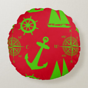Green and Red Coastal Nautical Christmas Holiday Round Cushion