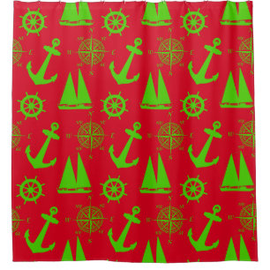 Green and Red Coastal Nautical Christmas Holiday Shower Curtain