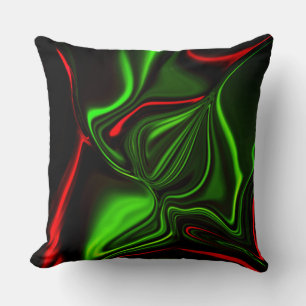 Green and red curved strokes over dark green fund cushion