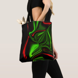 Green and red curved strokes over dark green fund tote bag