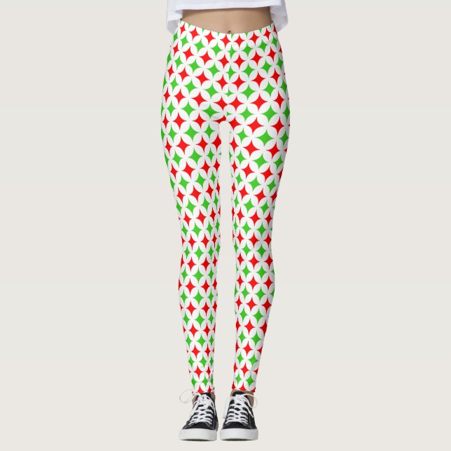 Green and red diamond star pattern on white leggings (Front)