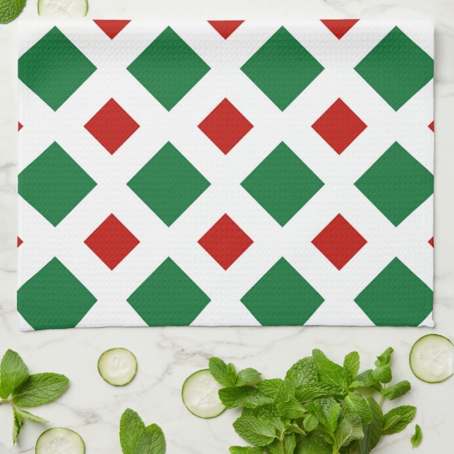 Green and Red Diamonds on White Tea Towel (Folded)