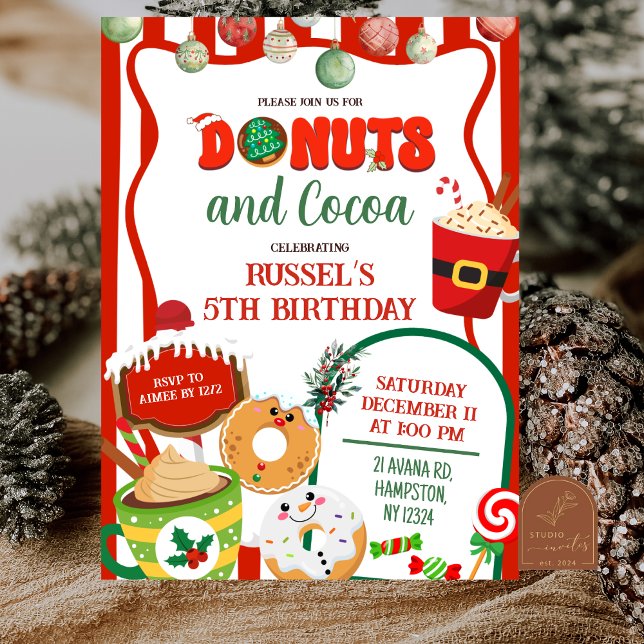 Green and Red Donuts and Cocoa Birthday Invitation (Creator Uploaded)