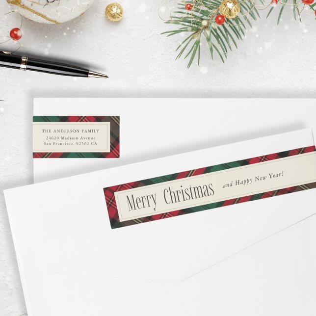 Green and Red Elegant Plaid Christmas Address Wrap Around Label (Green and Red Elegant Plaid Christmas Address Wrap Around Label)