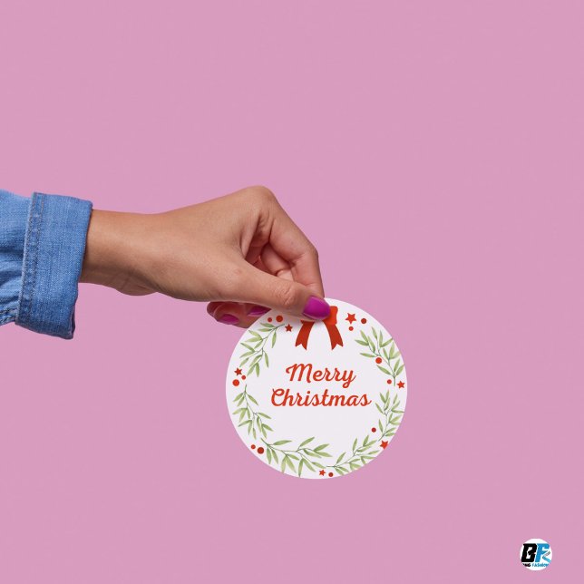 Green and Red Festive Merry Christmas  Classic Round Sticker (Creator Uploaded)