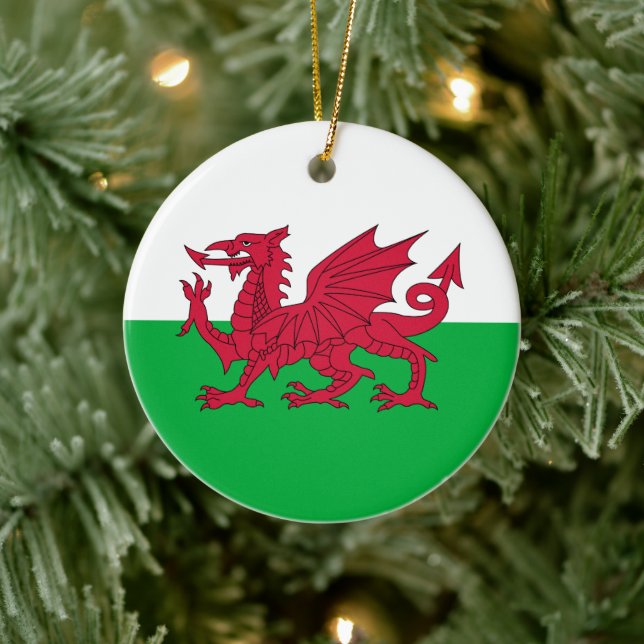 Green and Red Flag of Wales with Dragon Ceramic Ornament (Tree)