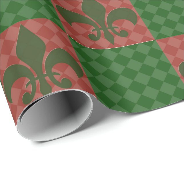 Green and Red Fleur De Lis Wrapping Paper (Roll Corner)