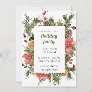 Green And Red Floral Christmas Holiday Party Invitation