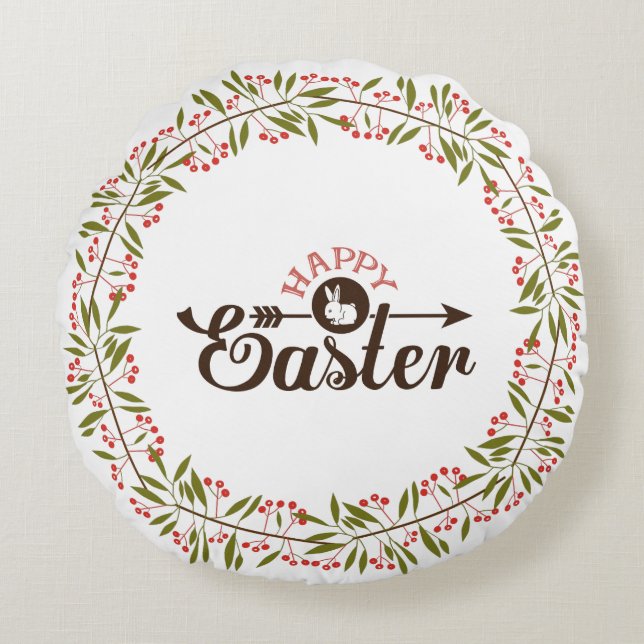 Green And Red Floral Wreath With Bunny Round Cushion (Front)