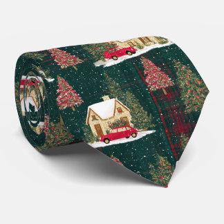 Green And Red Forest Christmas Village Tie