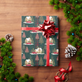 Green And Red Forest Christmas Village Wrapping Paper