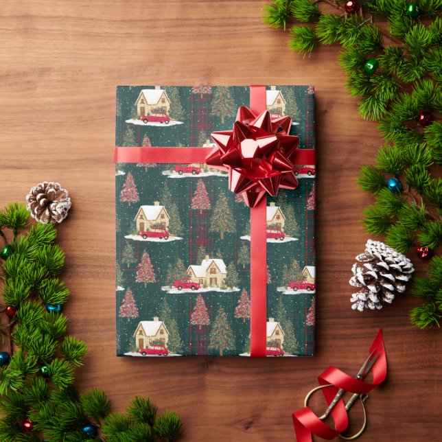 Green And Red Forest Christmas Village Wrapping Paper (Holiday Gift)