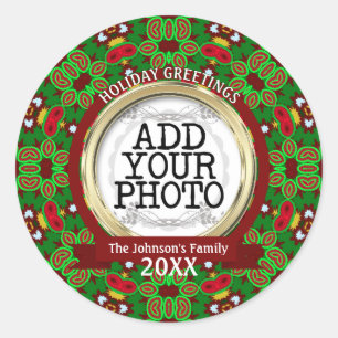 Green and Red Holiday Vibe Family Photo Classic Round Sticker