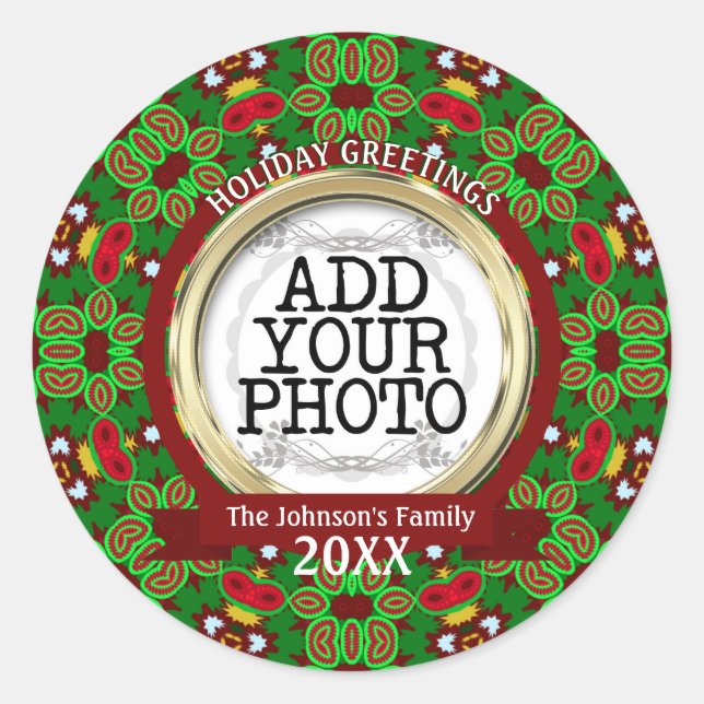 Green and Red Holiday Vibe Family Photo Classic Round Sticker (Front)