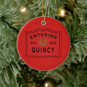 Green and Red Holiday Wreath, Quincy, MA Ceramic Ornament