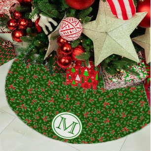 Green and Red Holly Berry Personalised Monogram Brushed Polyester Tree Skirt