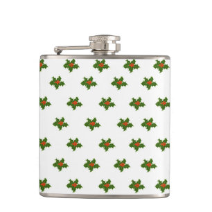 Green and Red Holly Plant Pattern Hip Flask
