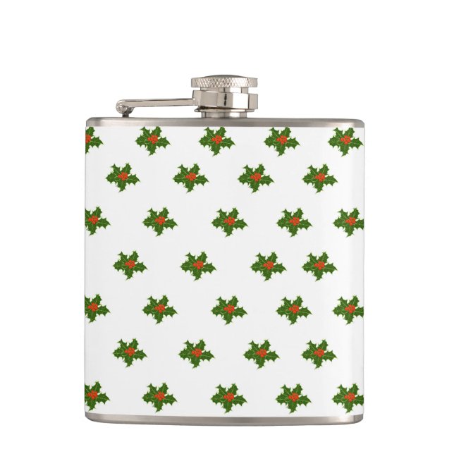 Green and Red Holly Plant Pattern  Hip Flask (Front)