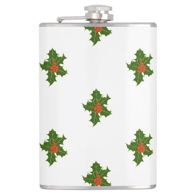 Green and Red Holly Plant Pattern  Hip Flask (Front)