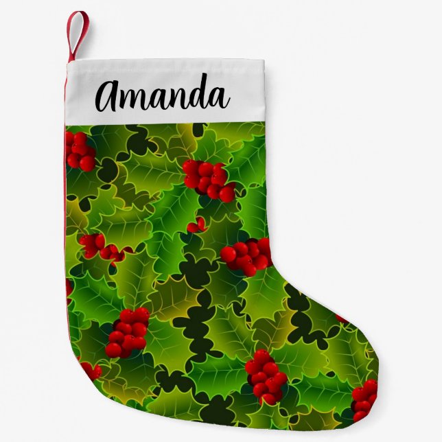 Green and red Holly Small Christmas Stocking (Front)