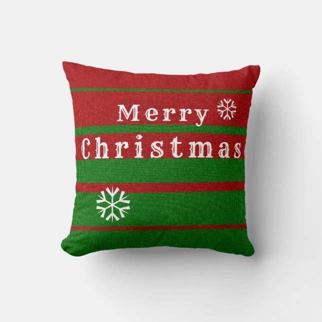 Green and Red Knitting Merry Christmas Holiday Cushion (Front)