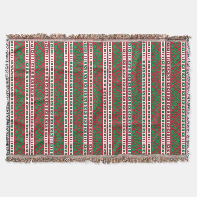 Green and red Latvian Latgale Ethnic Folk art Throw Blanket (Front)